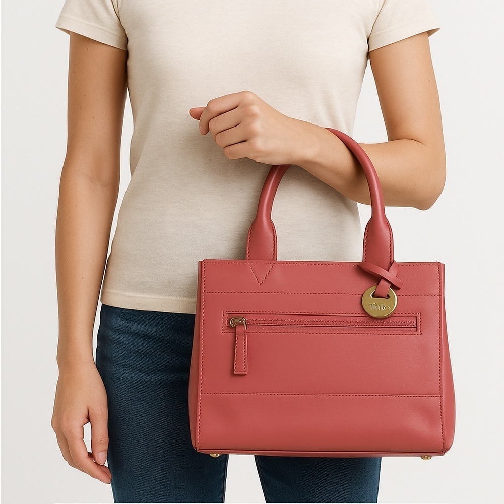 Tula Genuine Leather Structured Tote Bag Pink Rose Medium Satchel Purse